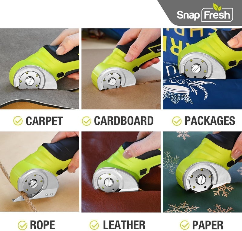 SnapFresh مقص كهربائي لاسلكي، 4 فولت قاطع صندوق كهربائي صغير، أداة قطع السجاد والورق المقوى مع شفرة/شاحن بديل، قاطع دوار لطرود الورق المقوى والجلد والبلاستيك (أخضر) - Image 3